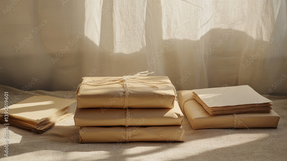 Cozy nostalgic packages wrapped in kraft paper with soft sunlight and vintage letters on fabric surface