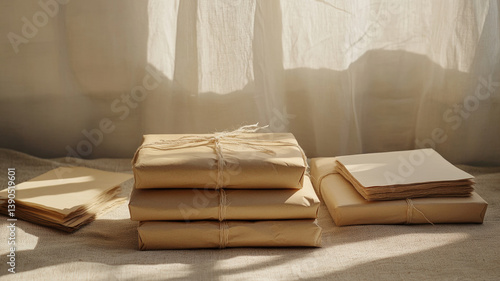 Obraz na płótnie Cozy nostalgic packages wrapped in kraft paper with soft sunlight and vintage letters on fabric surface w salonie