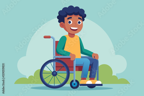 A joyful young boy wheels himself through a vibrant park, showcasing his cheerful expression and enjoying the fresh air on a sunny day.