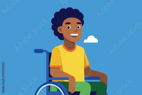 A cheerful young boy in a wheelchair is depicted, radiating happiness under a bright blue sky, emphasizing inclusive representation and joy in everyday life.
