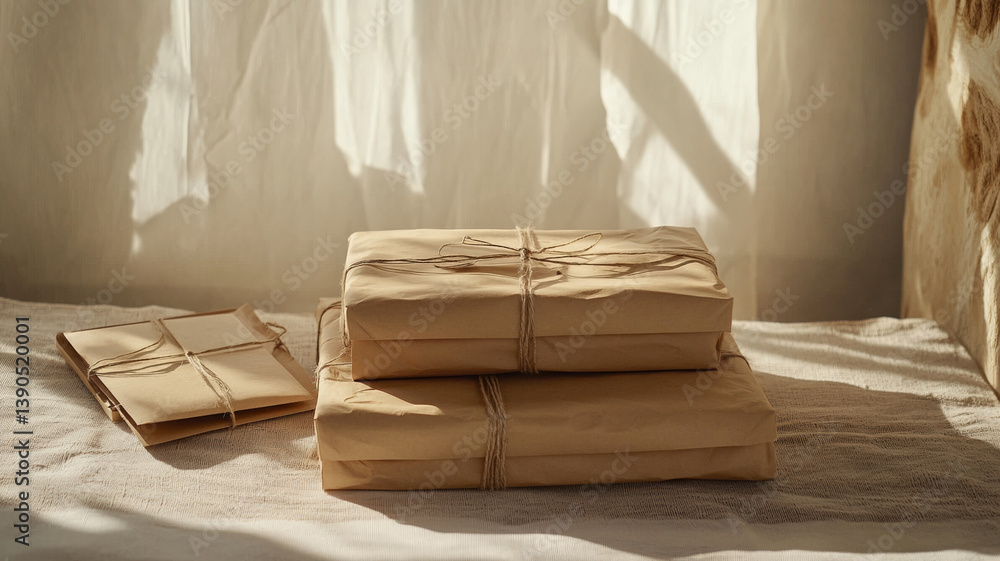 Cozy nostalgic packages wrapped in kraft paper with soft sunlight and vintage letters on fabric surface