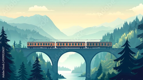 Train on bridge crossing mountain river valley.