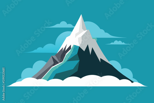 A towering mountain peak stands prominently with snow-capped summits, surrounded by soft clouds against a vibrant blue sky, creating a picturesque natural beauty.