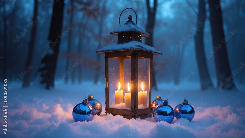Lantern adorned with Christmas balls and toys in a foggy evening woodland. Lantern adorned with Christmas balls and toys in a foggy evening woodland.