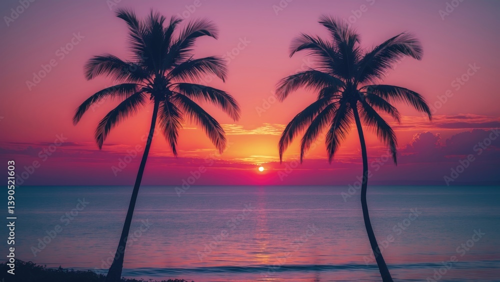 Two palm trees in silhouette against a beach. Two palm trees in silhouette against a beach.