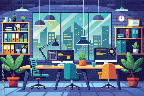 A vibrant modern office setup includes two computer desks, decorative plants, and large windows revealing a nighttime city skyline, creating a productive atmosphere.