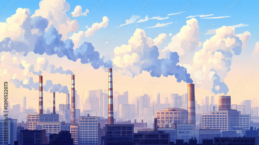 Industrial city skyline with smoking chimneys causing air pollution under clear sky and distant clouds