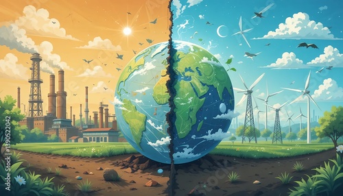 Split Earth Illustration Industrial Pollution vs. Clean Renewable Energy