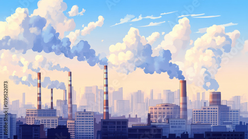Obraz na płótnie Industrial city skyline with smoking chimneys causing air pollution under clear sky and distant clouds w salonie