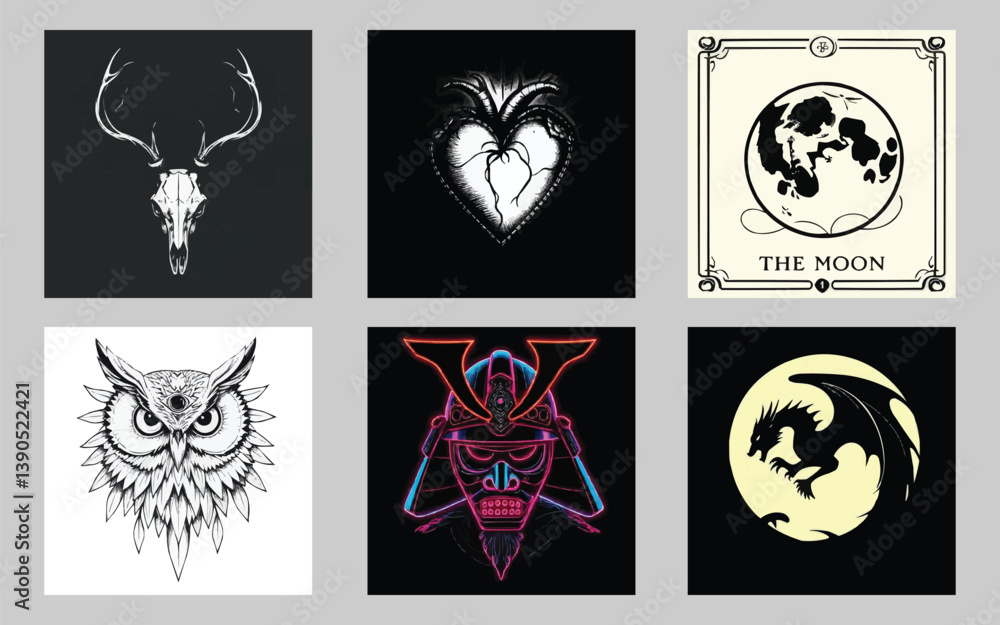 Fototapeta premium Black and white animal icons set featuring vintage tribal designs with symbols like crowns, skulls, lions, and eagles in a heraldic style