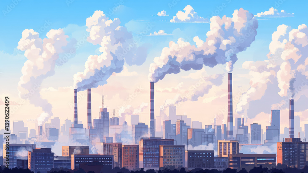 Industrial city skyline with smoking chimneys causing air pollution under clear sky and distant clouds