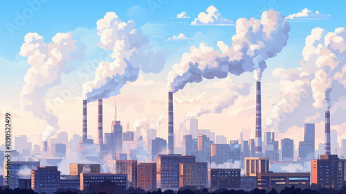 Obraz na płótnie Industrial city skyline with smoking chimneys causing air pollution under clear sky and distant clouds w salonie
