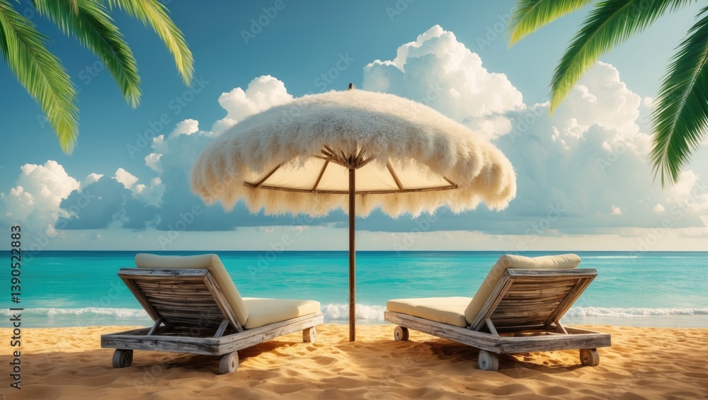 Obraz premium Tropical beach setting featuring two lounge chairs beneath an umbrella, with a calm ocean and sky in view.