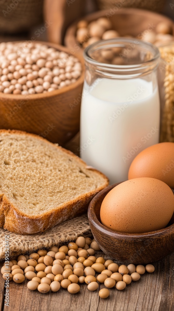 Assorted Fresh Bread Eggs Milk and Soy Beans on Rustic Wooden Table Display Assorted Fresh Bread Eggs Milk and Soy Beans on Rustic Wooden Table Display
