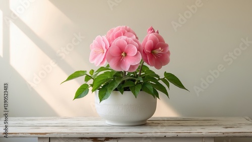 Wallpaper Mural Charming impatiens in a pot on a white wooden desk near a light-colored wall, leaving space for text Torontodigital.ca