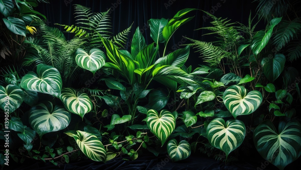 Tropical rainforest foliage plants and bushes in a garden against a black background, featuring a pattern of green variegated leaves.