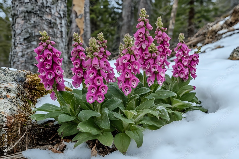 Obraz premium Pink foxglove flowers blooming in snowy mountain landscape, wild Digitalis purpurea growing among rocks and birch trees in early spring forest setting.