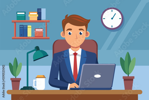 The professional man in formal attire is absorbed in his work at a desk in a contemporary office, with a lamp, plants, and a clock in the background.