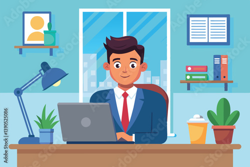 A young man in a suit focuses on his laptop while seated at an organized desk. The office features plants and shelves filled with books, creating a productive atmosphere.