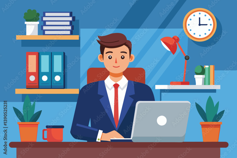 A young, well-dressed man focuses on his laptop while seated at an organized desk in a bright office with shelves and plants around him. A young, well-dressed man focuses on his laptop while seated at an organized desk in a bright office with shelves and plants around him.