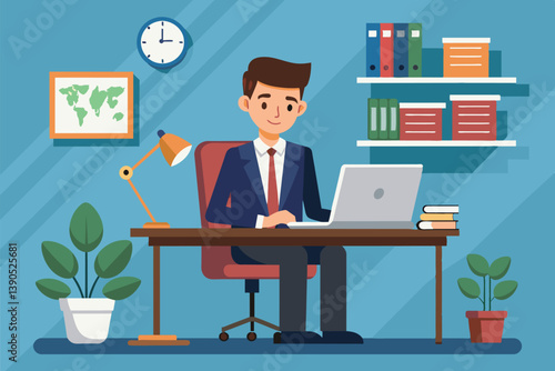 A young professional sits at a stylish desk, focused on his laptop, surrounded by books, plants, and a clock, reflecting a productive workspace atmosphere.