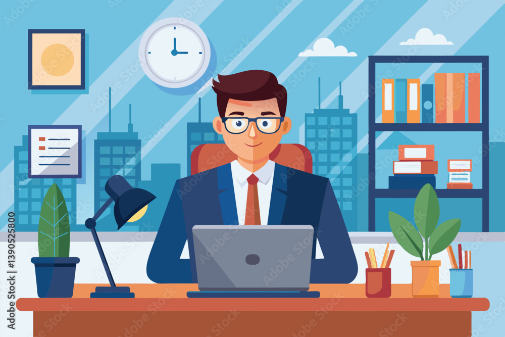 A professional man sits at a desk in a bright office, engaged in tasks on his laptop. He is flanked by greenery and a well-organized shelf, with a city skyline visible outside. A professional man sits at a desk in a bright office, engaged in tasks on his laptop. He is flanked by greenery and a well-organized shelf, with a city skyline visible outside.