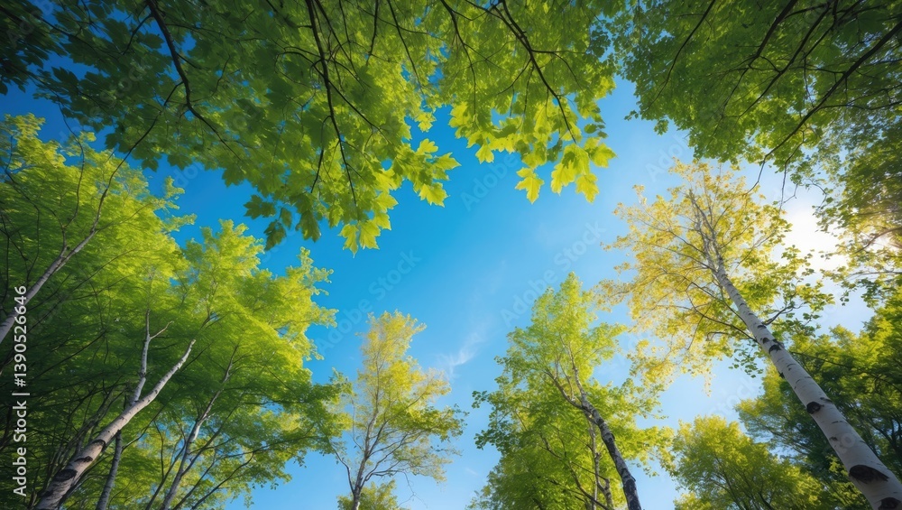 Fototapeta premium An upward view of the sky, highlighting the crowns of lush green trees set against a clear blue backdrop. Sunlight streams through the foliage, fostering a tranquil and calm ambiance.