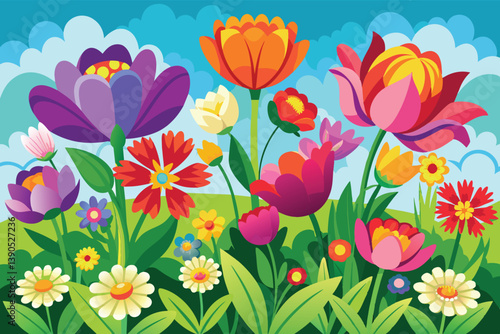 A charming assortment of flowers, including daisies and vibrant blossoms, is flourishing in a lush garden against a bright blue sky with fluffy clouds.