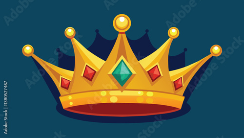 This golden crown features prominent red gemstones and a central green diamond, embodying the essence of royalty and prestige against a deep blue backdrop.