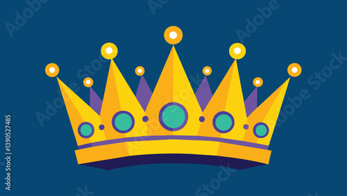 The colorful crown is adorned with purple and yellow spikes, embellished with green gems, capturing a sense of regality and festivity in a striking blue background.