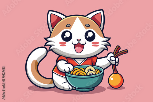 A cute cartoon cat smiles joyfully as it holds chopsticks in one paw and enjoys a bowl of ramen filled with noodles and toppings.