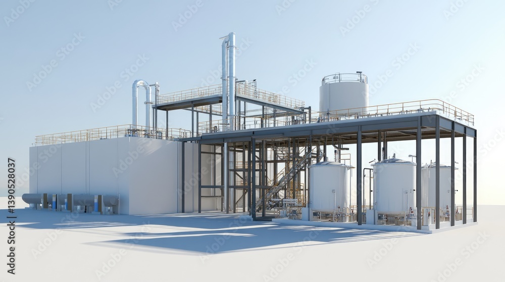 Obraz premium Water treatment infrastructure with large storage tanks and processing units.