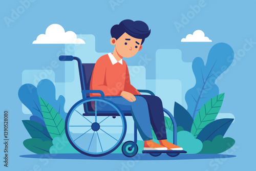 A young man in a wheelchair sits pensively surrounded by vibrant greenery and a clear blue sky, reflecting on his surroundings in a peaceful environment.
