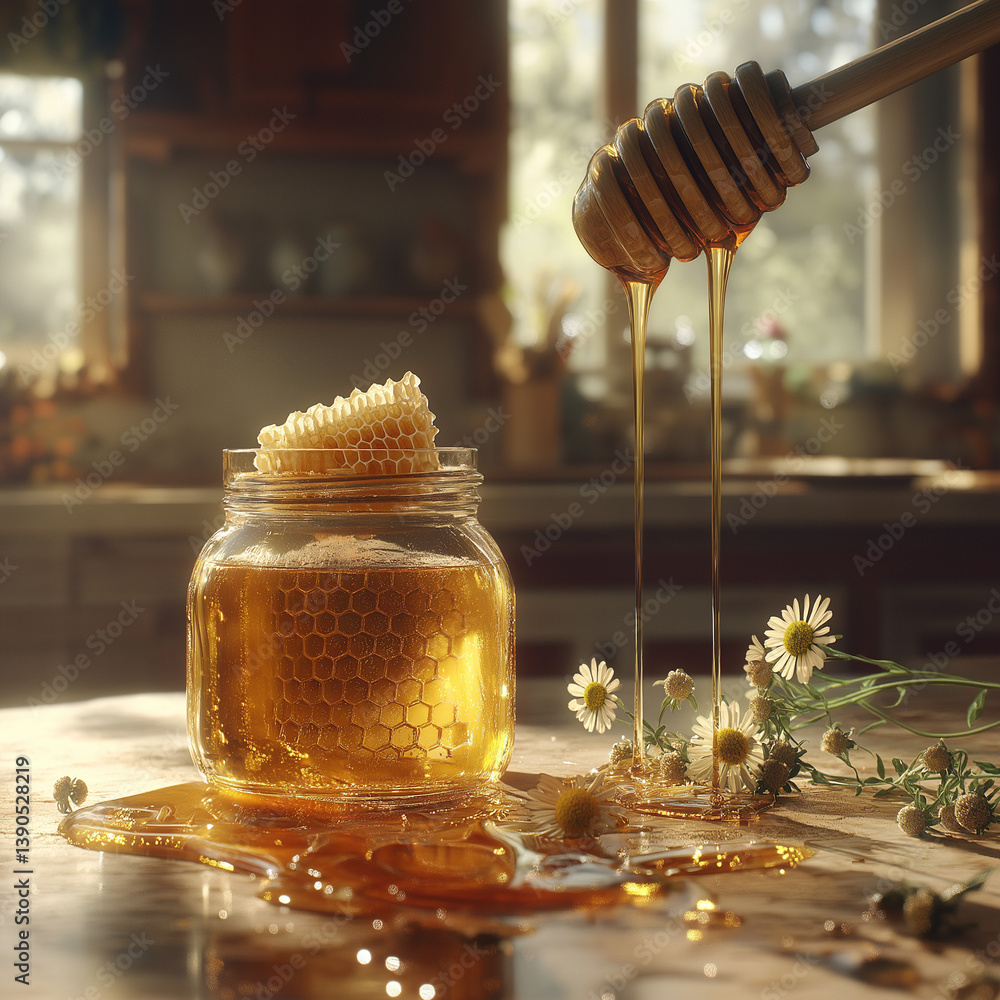 Golden honey dripping from a wooden dipper into a clear glass jar surrounded by wildflowers in a sunlit setting Golden honey dripping from a wooden dipper into a clear glass jar surrounded by wildflowers in a sunlit setting