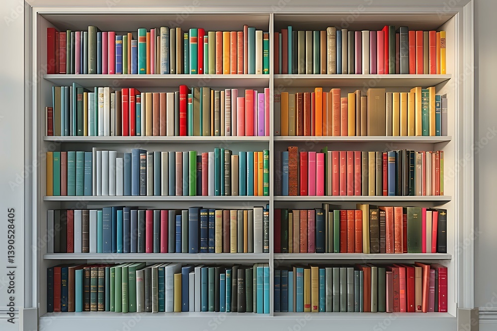 Modern bookshelf filled with colorful hardcover books arranged in rows on white wooden shelves, creating vibrant rainbow pattern in home library setting. Modern bookshelf filled with colorful hardcover books arranged in rows on white wooden shelves, creating vibrant rainbow pattern in home library setting.