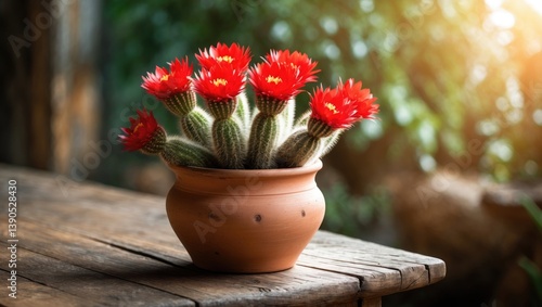 Wallpaper Mural Attractive blooming cactus in a planter on a wooden surface Torontodigital.ca