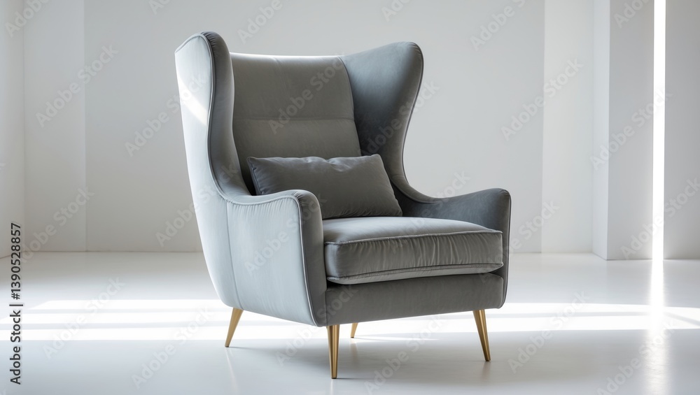 Fototapeta premium A chic wing-back chair upholstered in cozy gray velvet featuring tapered brass legs.