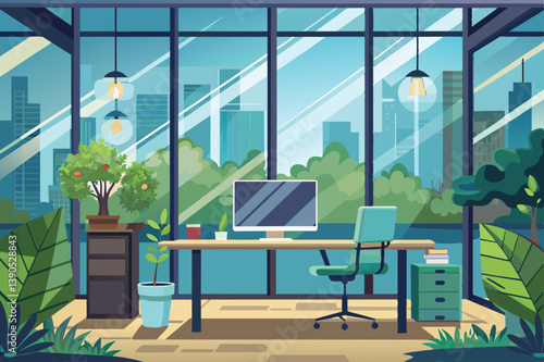 A spacious home office features a desk with a computer, potted plants, and large windows offering a view of the city skyline and greenery outside.