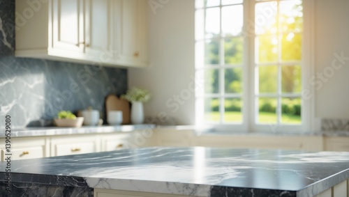 Targeted focus. Stylish product exhibition background with marble surface and kitchen wall window garden in the morning. Minimal counter aesthetics