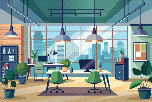 An inviting office space showcases a bright atmosphere with large windows overlooking the city skyline, adorned with plants and modern furniture for enhanced productivity.