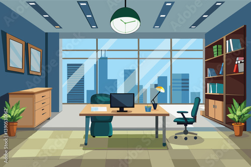 A spacious office boasts large windows with a city skyline view. Inside, a desk holds a computer and lamp, surrounded by potted plants and a comfortable chair.