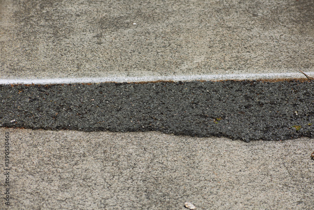 Fototapeta premium Close-up of a concrete sidewalk with a rough asphalt patch repair of uneven pavement