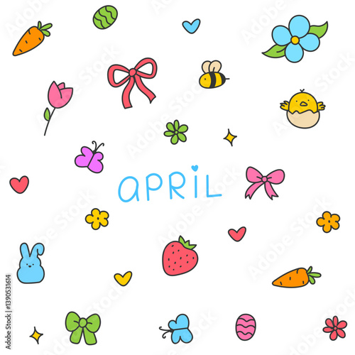 Hello April . Cute set of spring elements. Birds, flowers, insects, leaves.  flowers in bloom, geese and rabbits, vintage style, vector design. Happy Easter poster. Easter eggs and bunny in flowers 