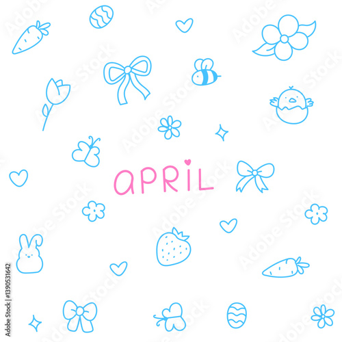 Hello April . Cute set of spring elements. Birds, flowers, insects, leaves.  flowers in bloom, geese and rabbits, vintage style, vector design. Happy Easter poster. Easter eggs and bunny in flowers 
