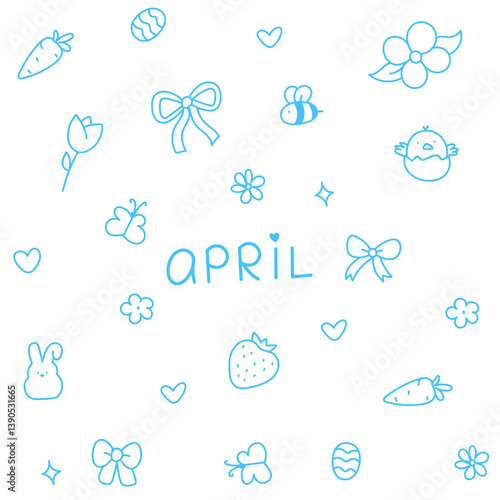 Hello April . Cute set of spring elements. Birds, flowers, insects, leaves.  flowers in bloom, geese and rabbits, vintage style, vector design. Happy Easter poster. Easter eggs and bunny in flowers 