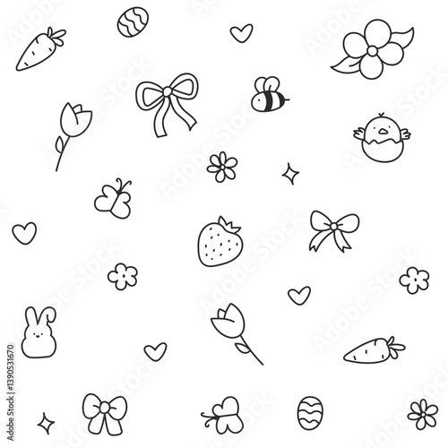 Hello April . Cute set of spring elements. Birds, flowers, insects, leaves.  flowers in bloom, geese and rabbits, vintage style, vector design. Happy Easter poster. Easter eggs and bunny in flowers 