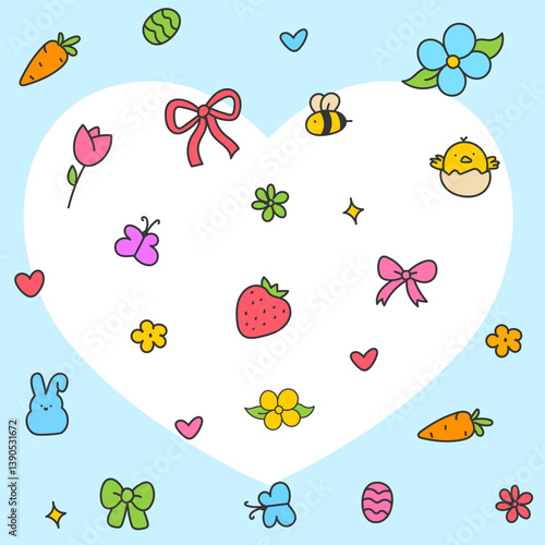 Hello April . Cute set of spring elements. Birds, flowers, insects, leaves.  flowers in bloom, geese and rabbits, vintage style, vector design. Happy Easter poster. Easter eggs and bunny in flowers 