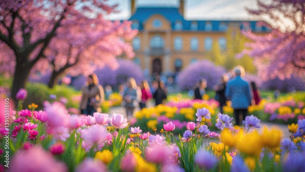 Obraz premium A beautiful spring day with a soft-focus background displaying colorful blossoms and a joyful vibe. Attendees appreciate the lovely blooms in a vibrant outdoor space.