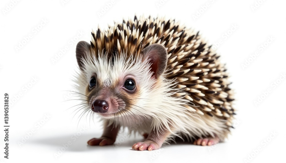 Fototapeta premium Tiny hedgehog isolated on pure white background, showing spines and small nose , isolated, forest, hedgehog