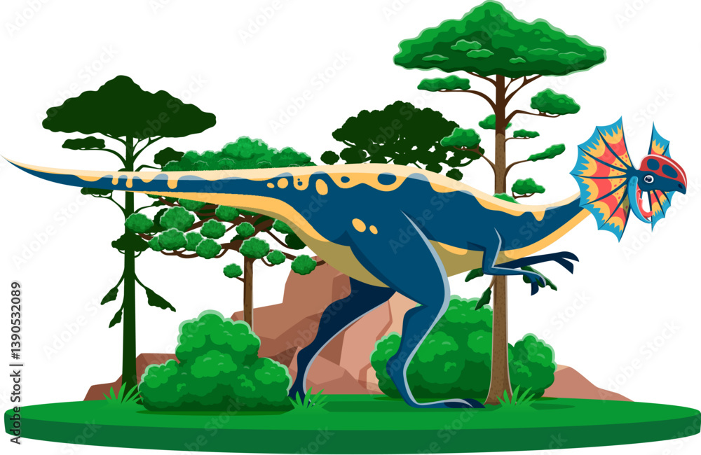 Fototapeta premium Dinosaur, prehistoric lizard Dilophosaurus dino animal, cartoon vector character. Prehistoric Jurassic era Dilophosaurus dinosaur of theropod species for kids paleontology and dino encyclopedia